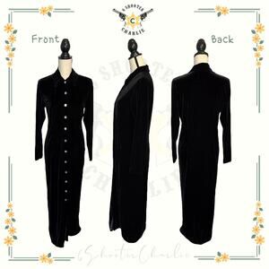 Vintage HAROLD’S Crushed Velvet Black 12 Abalone Buttons Maxi Dress Size Med